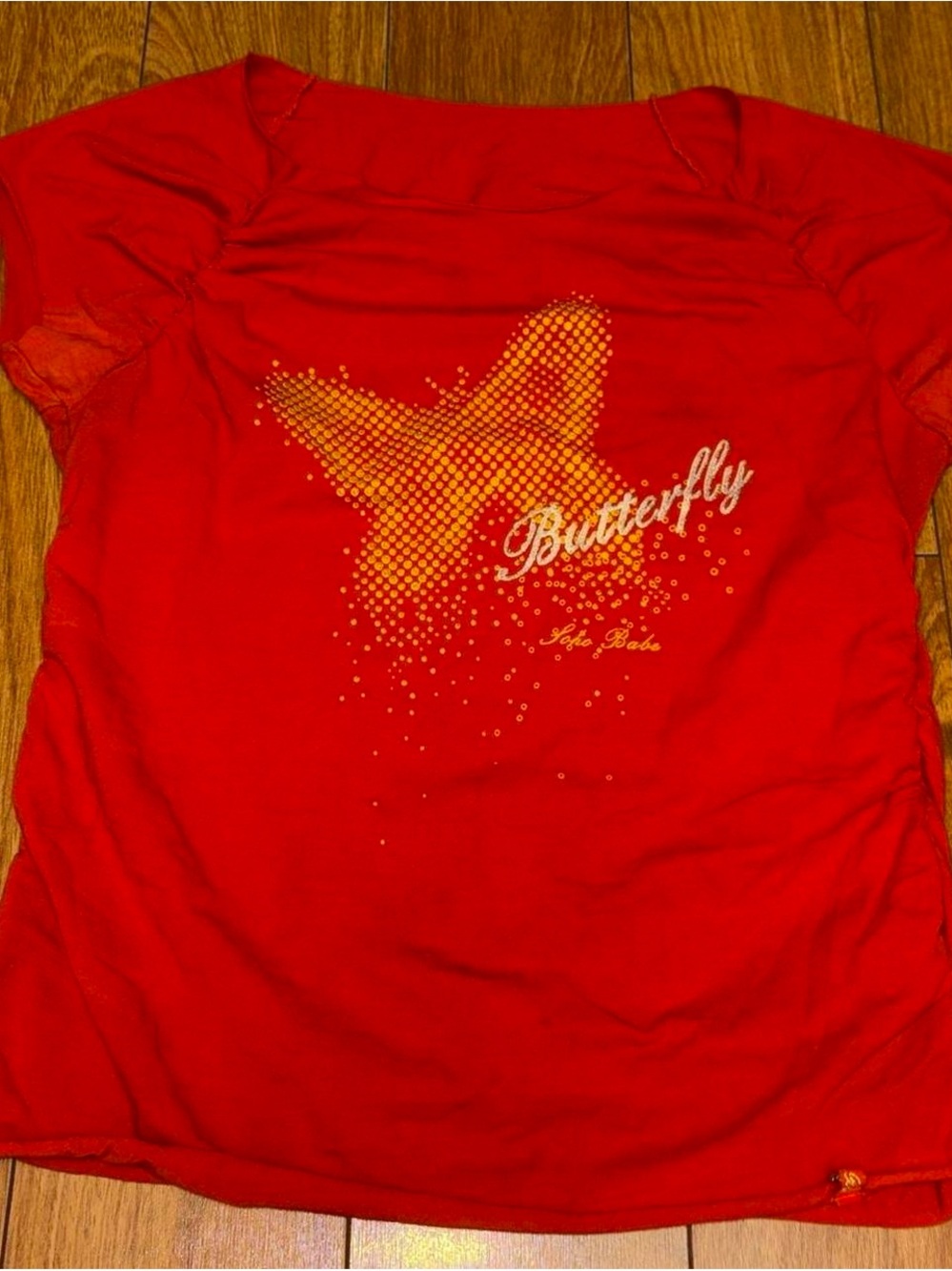 Red Y2K butterfly baby tee with rhinestones